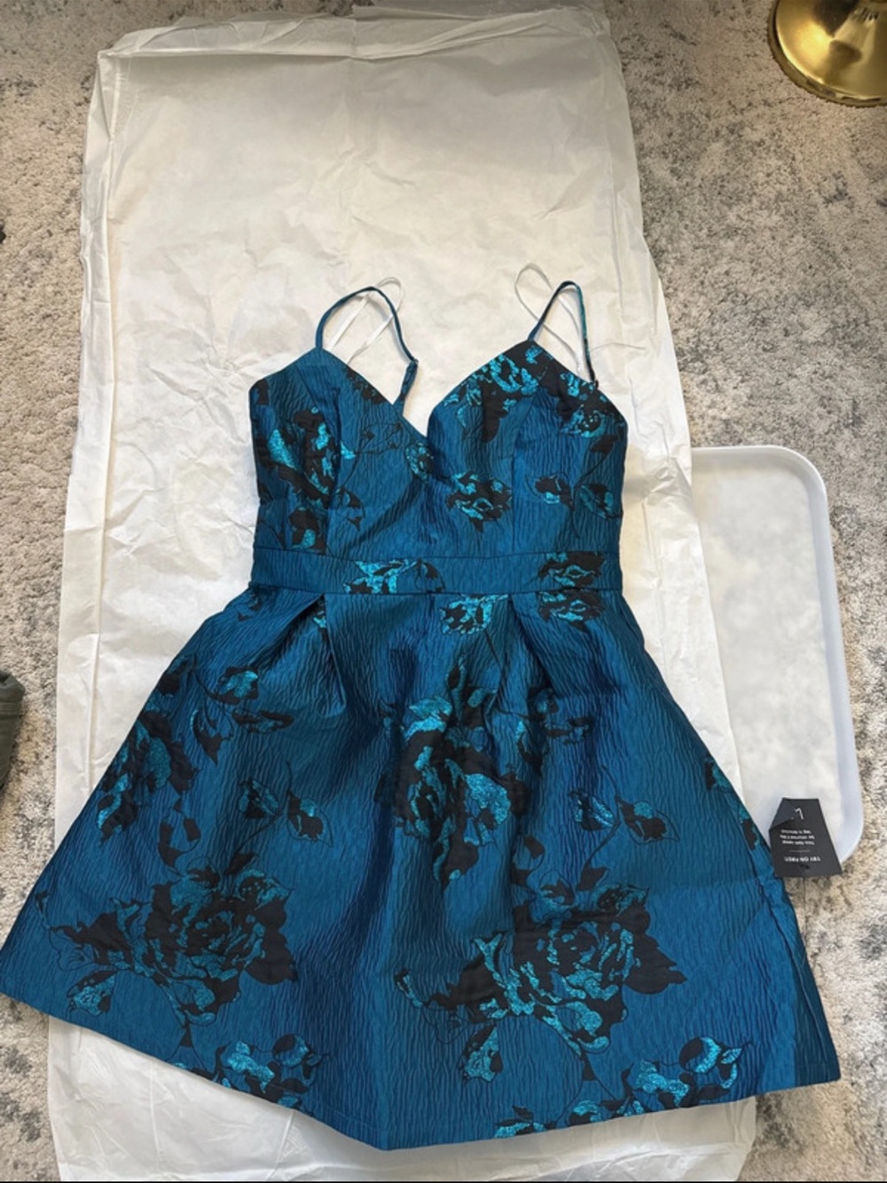 Teal Floral Jacquard Dress with Spaghetti Straps